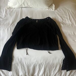 Free People Black Blouse with Lace-Up Sleeves